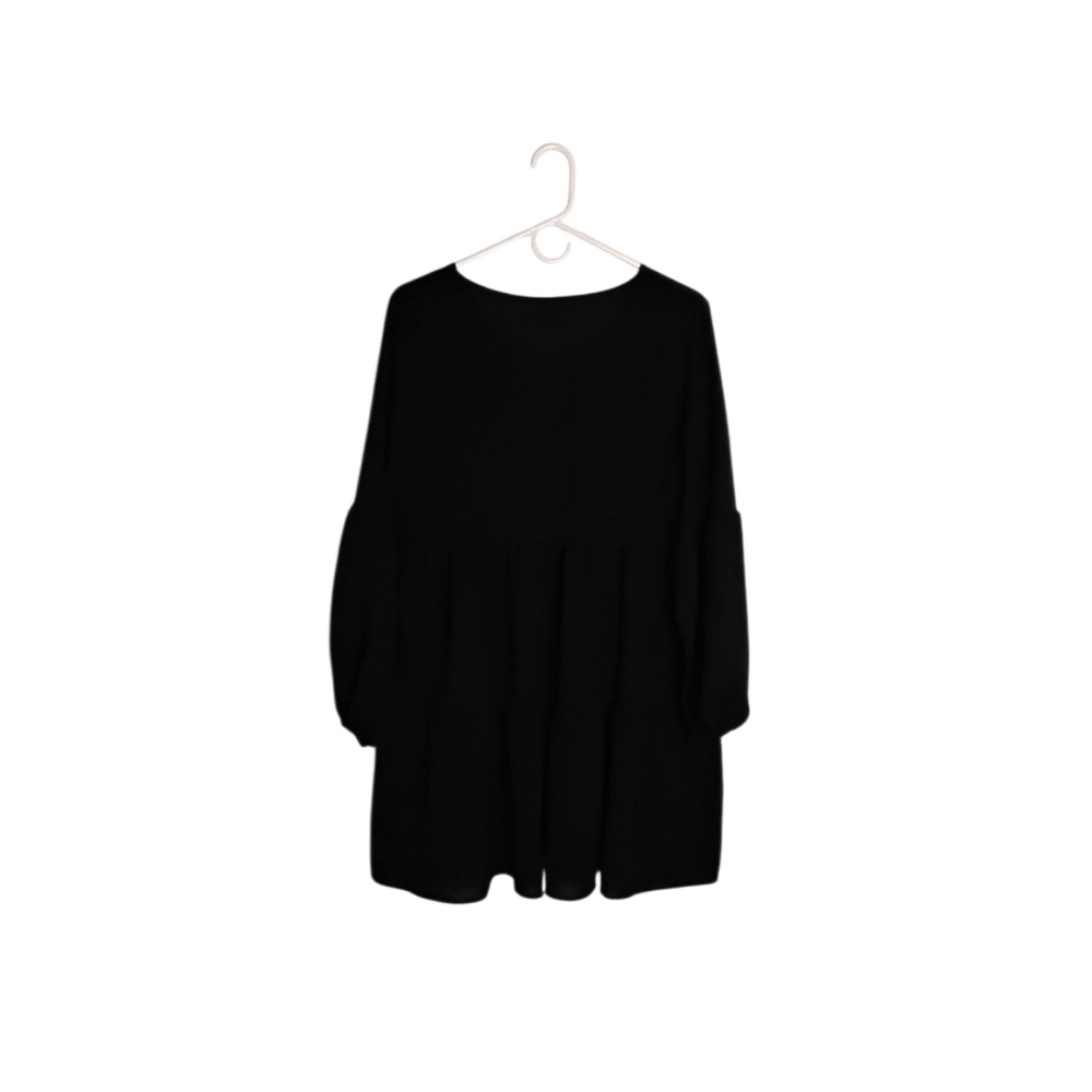 Amoretu Black Long Sleeve Lantern V-Neck Flowy Mini Tunic Dress. Size M - Picture 2 of 5